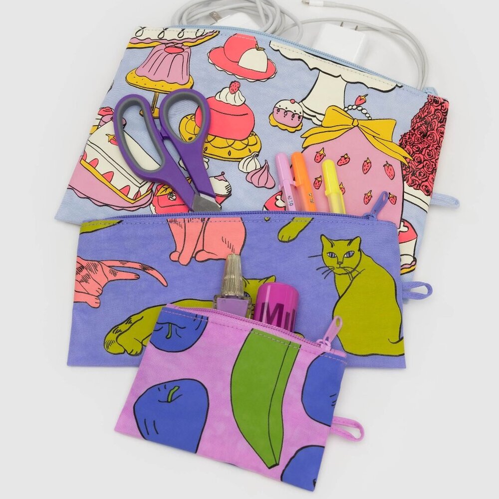 NWT Baggu Flat Pouch Set - Still Life (Apples & Bananas, Table Cats, Patisserie)